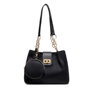 Elegant black velvet tote bag with gold chain strap and detachable round pouch charm