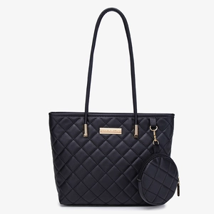 Grande borsa shopper trapuntata nera con logo dorato e borsellino rotondo abbinato