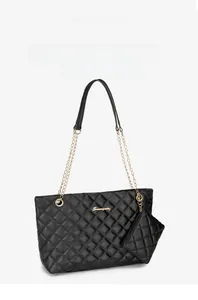 Detail of black quilted tote bag with gold chain strap and matching small coin purse