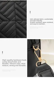 Macro detail of V-quilted faux leather and durable gold-tone metal hook buckle