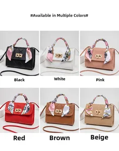 Collage of quilted crossbody bags in six colors with decorative silk scarves and gold locks