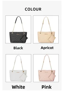 Quilted tote bag color options featuring black, apricot, white and pink with mini purse