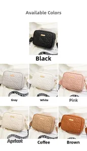 Collage of quilted crossbody bags with logo and wide patterned straps in seven colors