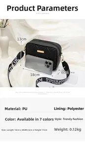 Detailed view of black quilted crossbody bag with wide strap and sizing specifications