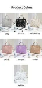 Grid display showing seven colorful tote bags with floral embroidery and crossbody straps