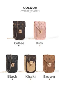 Vertical phone crossbody bags shown in five colors with floral patterns and gold chains