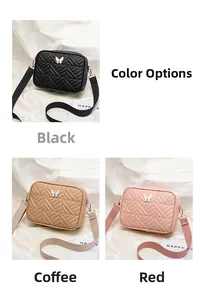 Close-up of quilted crossbody bags in black, khaki, and pink with butterfly metal buckles