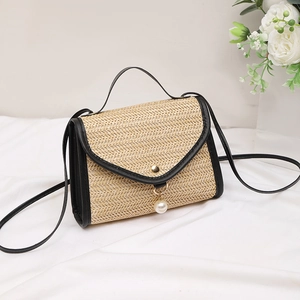 Women Straw Woven Handbag PU Leather Trim Artificial Pearl Pendant French Retro Summer Beach Elegant Crossbody Shoulder Bag