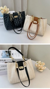 Detailed comparison of quilted black leather and woven beige tote bags with gold hardware
