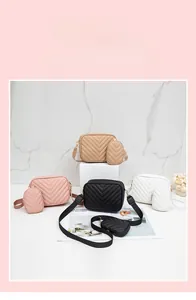 Detail of candy-colored crossbody camera bags with V-quilted texture and mini pouch set
