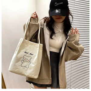 Dettaglio di una borsa tote in velluto a coste bianco crema con stampa orso e scritta