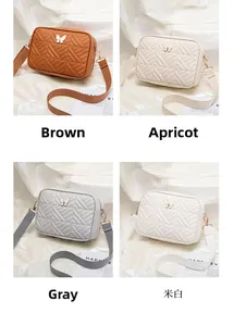 Multiple views of quilted camera bags with butterfly metal buckles and wide straps