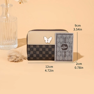 Short bicolor wallet with retro pattern, butterfly ornament and plush ball charm, 12x9x2cm
