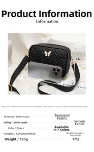 Quilted camera bag dimensions of 18x14x6cm shown with a smartphone for scale