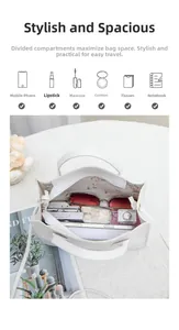 Detail view of white handbag compartments showing floral lining and daily essentials