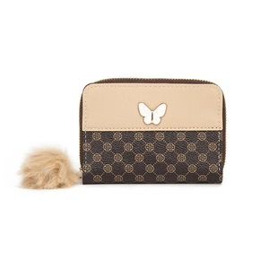 Retro print short wallet with metal butterfly and plush ball keychain in beige and brown