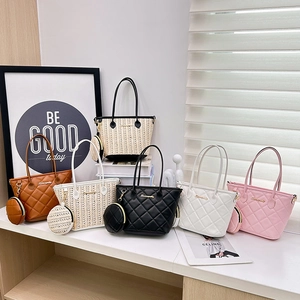 Mini Quilted PU Leather And Woven Straw Tote Handbag With Small Round Pouch Rhombic Crossbody Bucket Bag For Women