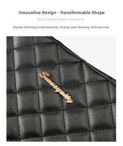 Macro detail of quilted leather tote featuring gold logo and reinforced double stitching