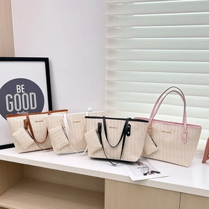Large Capacity Straw Woven Tote Bag And Matching Zipper Pouch With PU Leather Trim For Women Casual Vacation Style