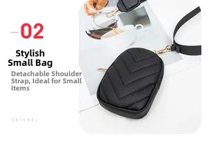 Detail view of black V-quilted mini pouch with golden hardware and detachable strap