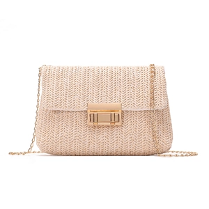 Chic woven straw crossbody bag with golden chain strap and metallic lock closure