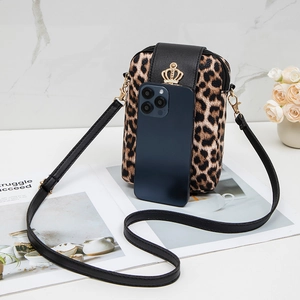 Retro leopard print crossbody phone bag with black flap and golden crown ornament