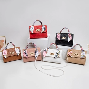 Women Quilted PU Leather Crossbody Bag Rhombic Pattern Satin Scarf Handle Square Handbag Elegant Simple Style