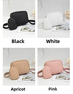 Detailed four-color grid of V-quilted crossbody bags with matching round coin purses