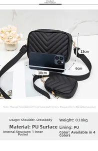 Detail view of black V-quilted camera bag set with 18cm dimensions and gold hardware