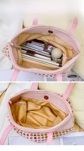 Détail du sac tissé rose montrant la grande capacité intérieure et le fermoir aimanté