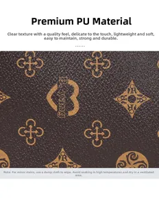 Detailed close-up of brown PU leather with monogram patterns and lychee texture