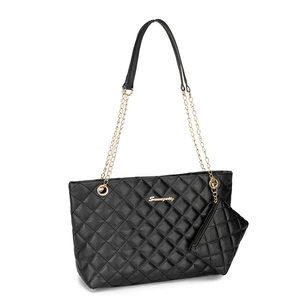Quilted tote bag in black PU leather with gold chain strap and matching mini coin purse