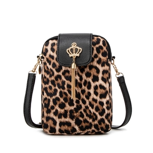 Vertical leopard print mini crossbody phone bag with black leather and gold crown fringe