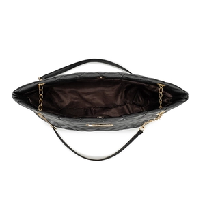 Black quilted tote bag with gold chain strap and spacious interior shown from a top view