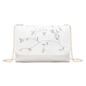 Beige embroidered square shoulder bag with floral pattern and gold chain strap