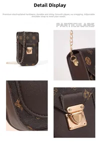 Detail view of brown monogram phone bag with gold hardware and chain strap