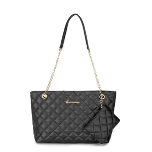 Quilted black tote bag with gold chain strap and matching small pouch set
