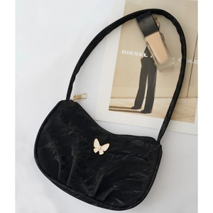 Women Pleated Underarm Bag PU Leather Wrinkled Butterfly Ornament Trendy Retro Hobo Shoulder Handbag Zipper Closure
