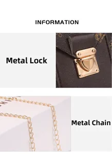 Detail of vintage brown monogram bag featuring a golden metal buckle and chain strap