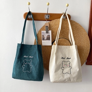 Borsa Tote In Velluto A Coste Con Ricamo Orsetto Cartone Animato Grande Capacità Borsa A Spalla Casual Per Donna
