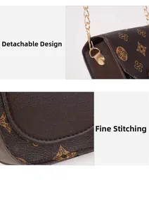 Detail of the detachable gold chain and precise stitching on the brown floral mini bag