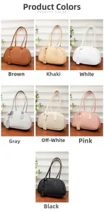 Litchi pattern PU leather tote bags shown in seven elegant colors on a wooden surface