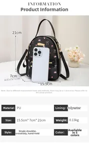 Detailed size comparison and material specifications for the floral butterfly print backpack