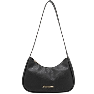 Classic black pebbled leather underarm bag with gold Serendipity logo and zipper detail