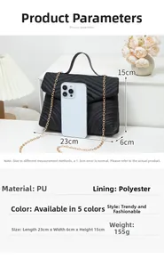 Detailed size specifications for quilted flap handbag with gold chain strap in 23x6x15 cm