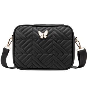 Quilted black crossbody camera bag with white butterfly buckle and wide fabric strap