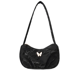 Black ruched underarm bag for women with white butterfly charm and zipper closure