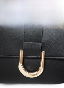 Detail aus hochwertigem schwarzem Leder und polierten goldfarbenen Metallelementen