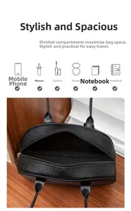 Detail of black crossbody bag interior with organized compartments and zipper closure