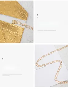Macro detail of gold crocodile embossed envelope bag with polished metal clasp and chain